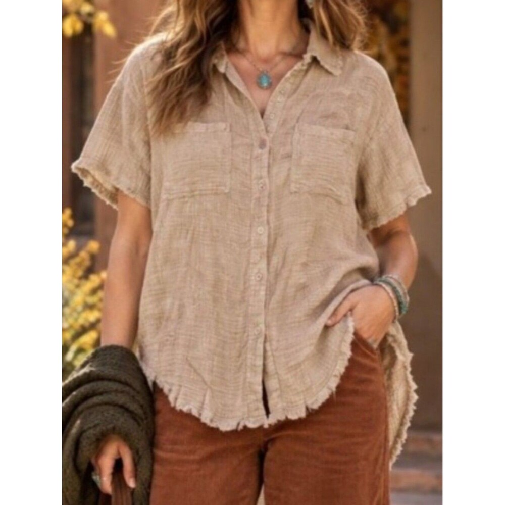 Miou Muse Tan Gauze Button Front Shirt M Raw Hem Boho Coastal Resort Beachy